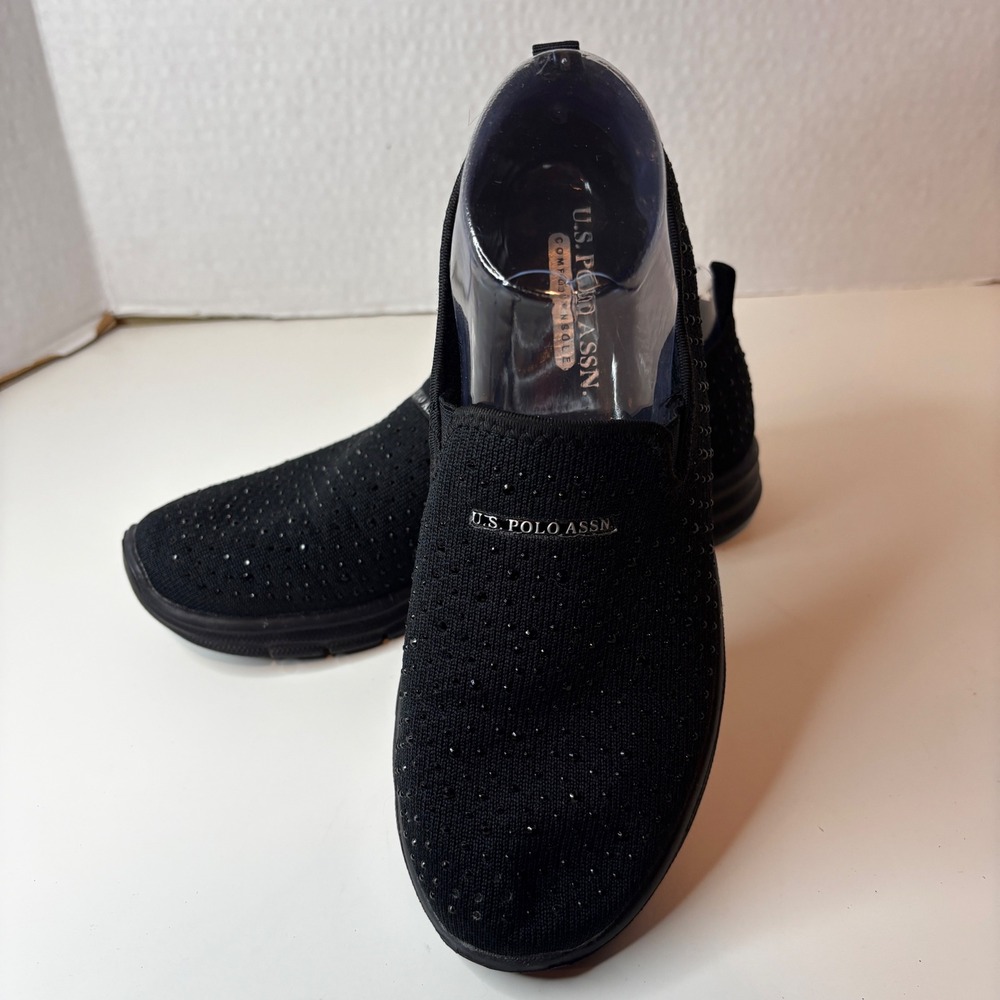 U.S. Polo Assn. Slip-On Sneakers Womens 8 Black Rhinestone Knit Sass-RS NW10925